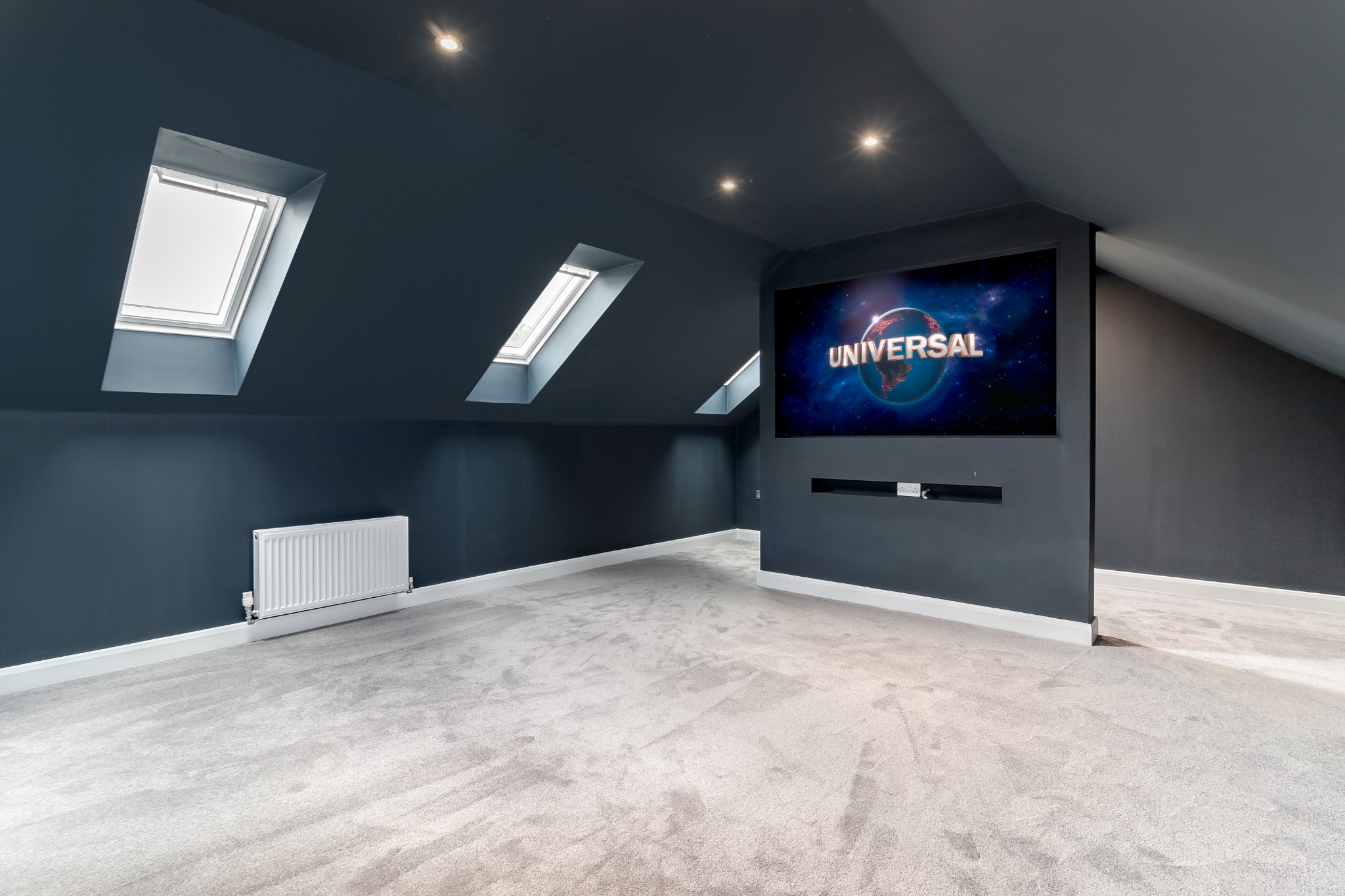 Completed dark blue home cinema room